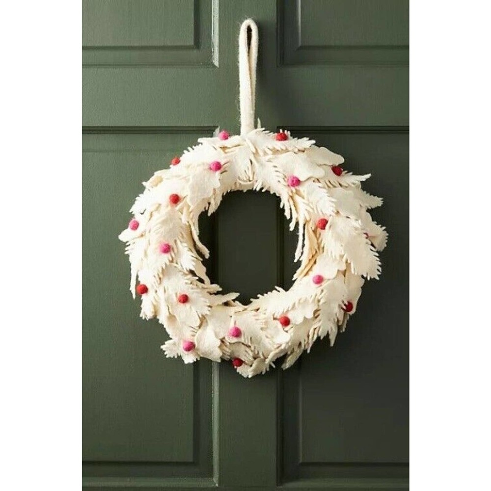 Anthropologie Christmas Holiday Wool Wreath Berry Ivory Pink/Red